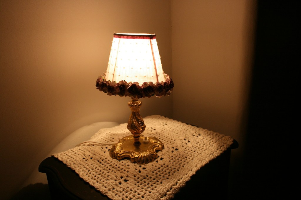 A warmly lit lamp
